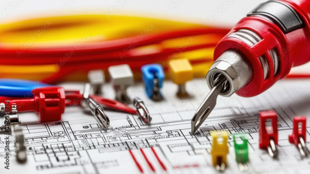 Poster tools and components arranged on a blueprint for electrical work.