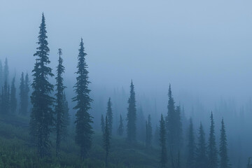 Misty, ethereal forest of evergreen trees on a foggy hillside.