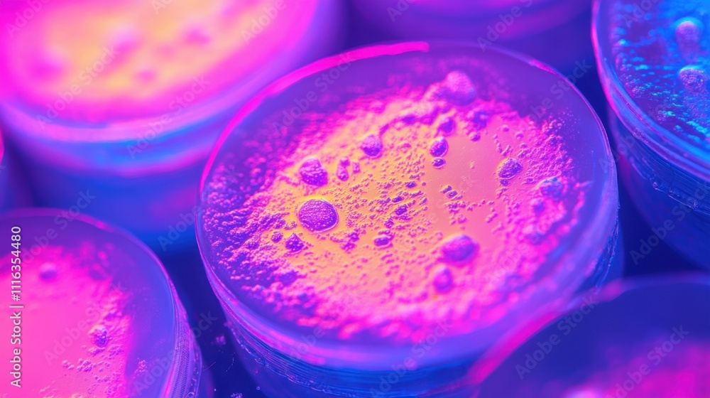 Aufkleber vibrant spectrum of colorful powders in shallow containers with bubbles and textures illuminated by 