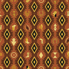 Navajo style seamless pattern with Hand drawn cowboy motifs