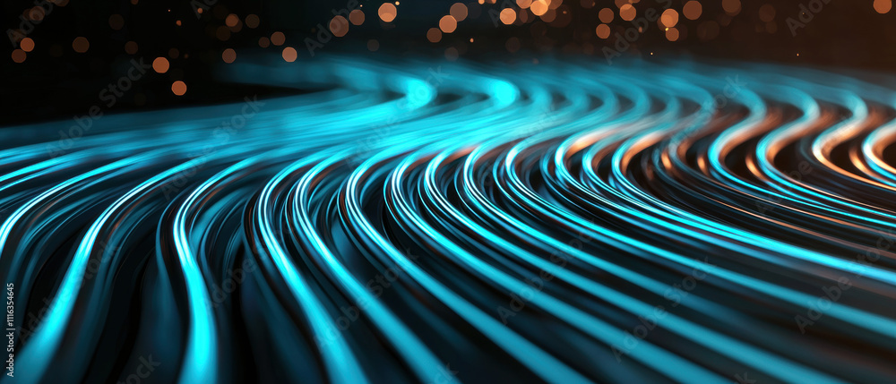 Poster a visually striking image showcasing flowing waves of blue light against a dark background, creating
