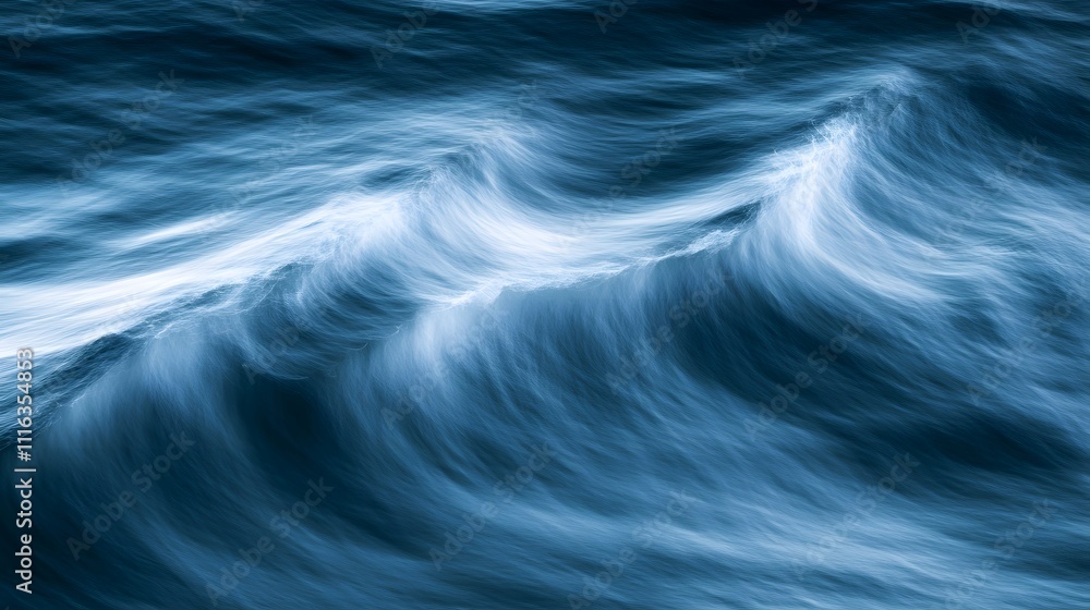 Poster serene ocean waves in motion captured with soft blue hues and dynamic patterns just before dusk agai