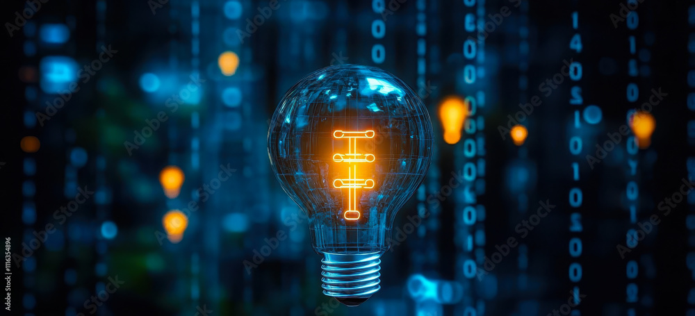 Poster innovative digital transformation concept with futuristic light bulb and binary code background