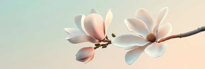 Fototapeta premium 3D modeled magnolia blossom, delicately detailed with realistic textures, isolated against a smooth pastel background