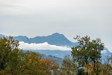 View to the top of the mount Saentis from Saint Gallen in Switzerland