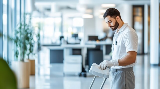 Maintenance worker sanitizes office space in modern corporate environment during daylight hours
