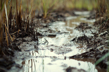 Muddy puddle in a field with dry grass.