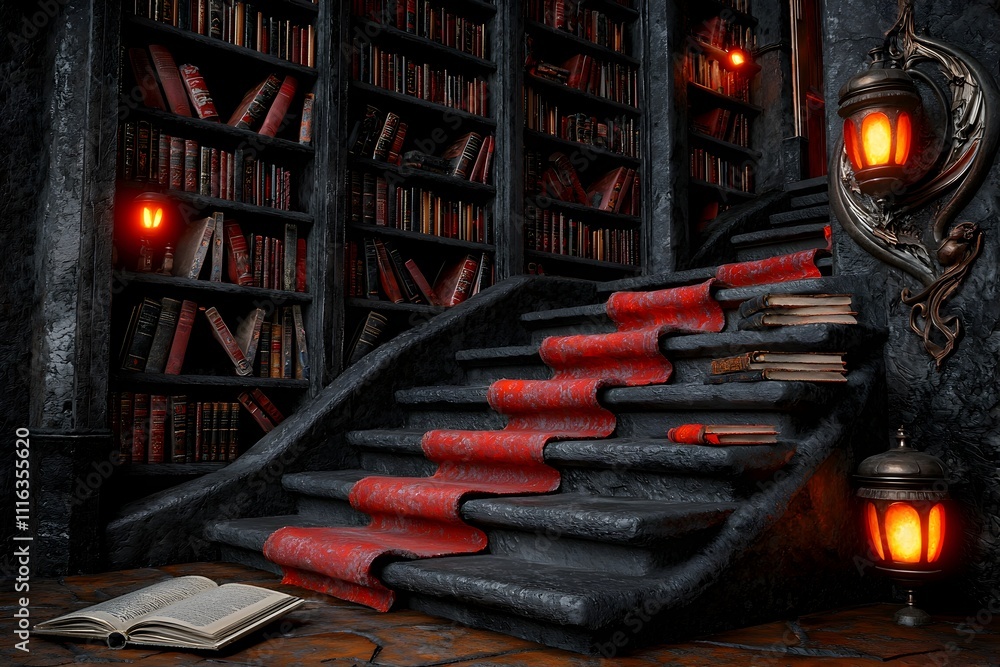 Poster grandiose wizarding library with towering bookshelves glowing enchanted lanterns and the weathered p