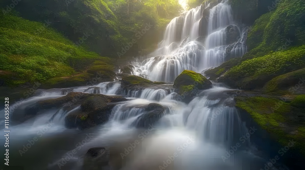 Poster majestic waterfall cascading through lush greenery in a serene forest setting with soft morning ligh