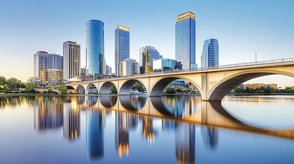 City Skyline Reflected in Calm Water Beneath an Arch Bridge