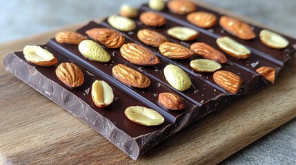 Chocolate Bar with Roasted Almonds and Hazelnuts on Wooden Board Display