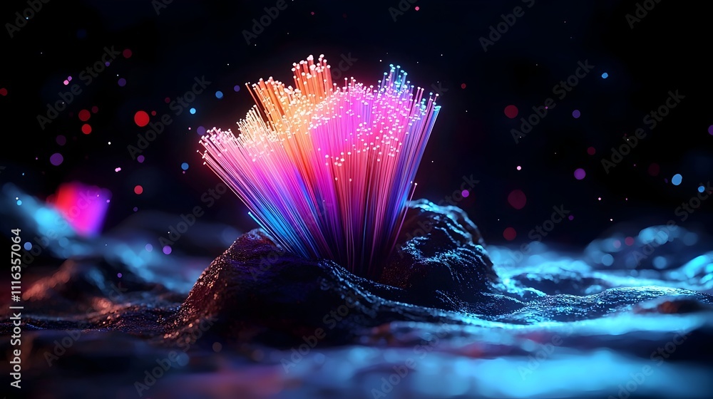 Poster captivating luminescent multicolored fiber optic filaments arranged in a striking abstract pattern g