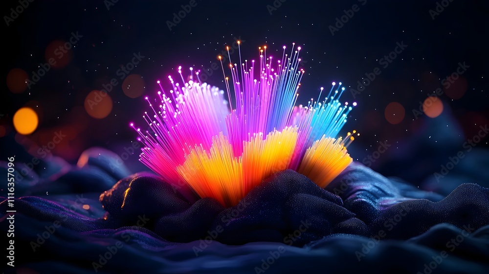 Poster mesmerizing cyberpunk inspired fiber optic filament abstract in captivating ethereal glow luminescen