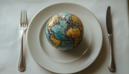 Global cuisine and sustainability theme with a globe on a plate for World Food Day
