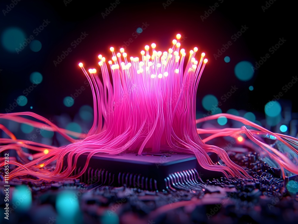 Aufkleber mesmerizing macro shot of a dense forest of bioluminescent fiber optic cords pulsating with an ether