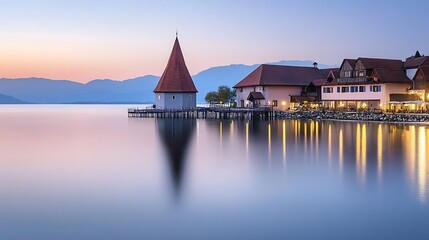 A Lakeside Village at Sunset with a Steeple Tower and a Peaceful Reflection
