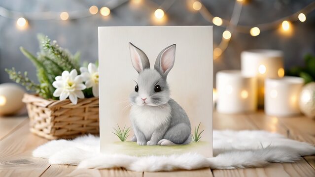 Abstract Nursery Card Mockup with Bunny - Gradient White & Gray