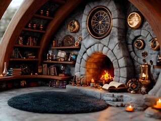 Obraz premium Vast and labyrinthine wizards study cluttered with arcane scrolls brass astronomical instruments alchemical glassware and flickering candles a cozy reading nook by a crackling fireplace
