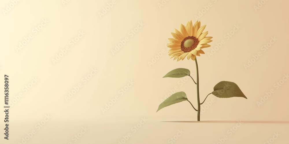Poster 3d rendered sunflower, isolated with clean lines and space surrounding it for copy text, against a l