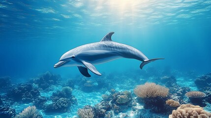 Obraz premium Dolphin swimming gracefully over vibrant coral reef