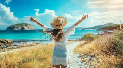 Naklejka premium Woman enjoying freedom on a scenic beach path