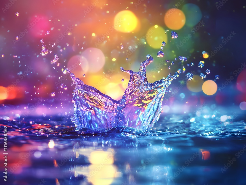 Poster vibrant splash of water creating ripple effects under colorful bokeh lights with iridescent hues and