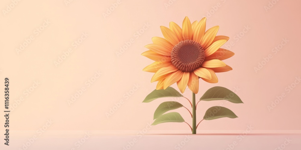 Poster 3d rendered sunflower, isolated with clean lines and space surrounding it for copy text, against a l