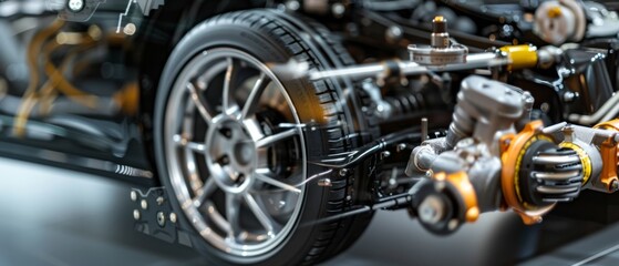 Fototapeta premium A close-up of a sleek car chassis reveals the intricate details of its mechanical components, showcasing engineering precision and modern design.