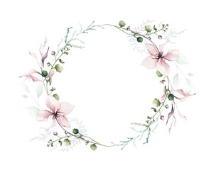 Watercolor painted floral symmetric round frame. Pink flowers, blue, green wild meadow and swamp...