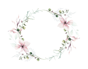 Watercolor painted floral symmetric round frame. Pink flowers, blue, green wild meadow and swamp twigs, moss branch, turquoise leaves. Hand drawn illustration template. Artistic template design.