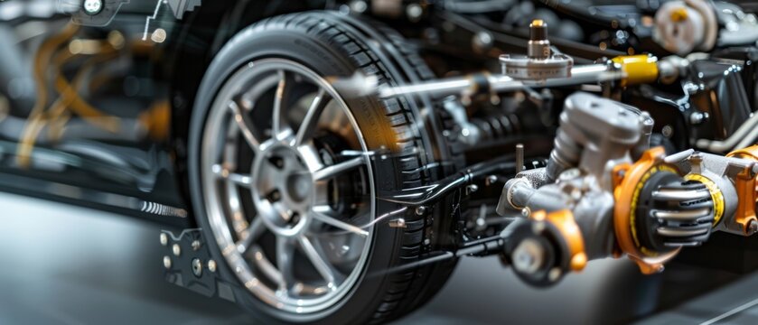 A close-up of a sleek car chassis reveals the intricate details of its mechanical components, showcasing engineering precision and modern design.