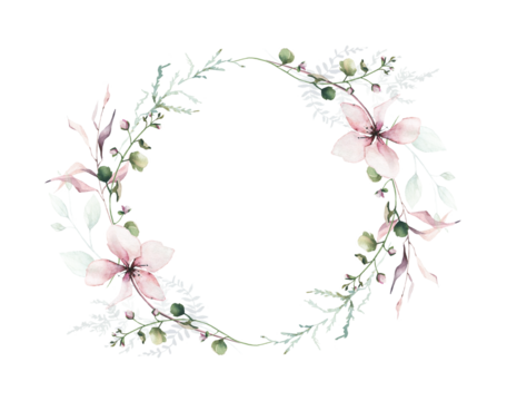 Watercolor painted floral symmetric round frame. Pink flowers, blue, green wild meadow and swamp twigs, moss branch, turquoise leaves. Hand drawn illustration template. Artistic template design.