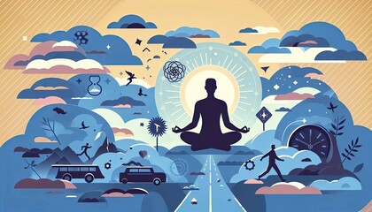 Mindfulness practice illustration showing meditation amidst daily life chaos