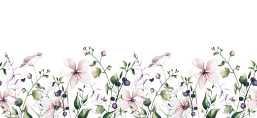 Watercolor painted floral seamless border frame. Pink flowers, green, blush wild meadow twigs, blueberry branches, leaves. Hand drawn illustration template. Watercolour artistic template design.
