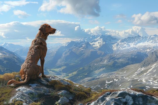with the hunting dog  a pudelpointer  on the mountains at a sunny spring day