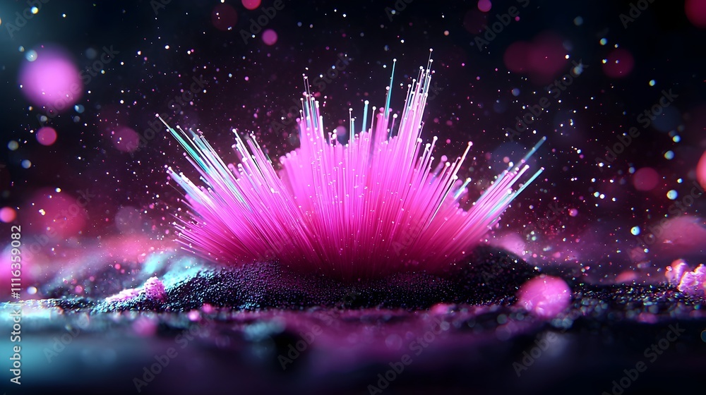 Poster mesmerizing prismatic fiber optic strands in a hypnotic arrangement on a dark obscure surface creati