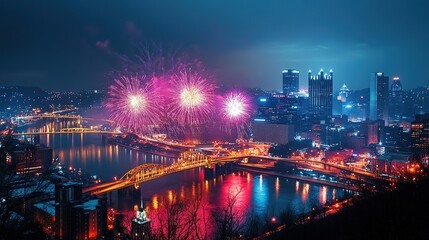 Fototapeta premium Christmas fireworks over city skyline and river, vibrant colors