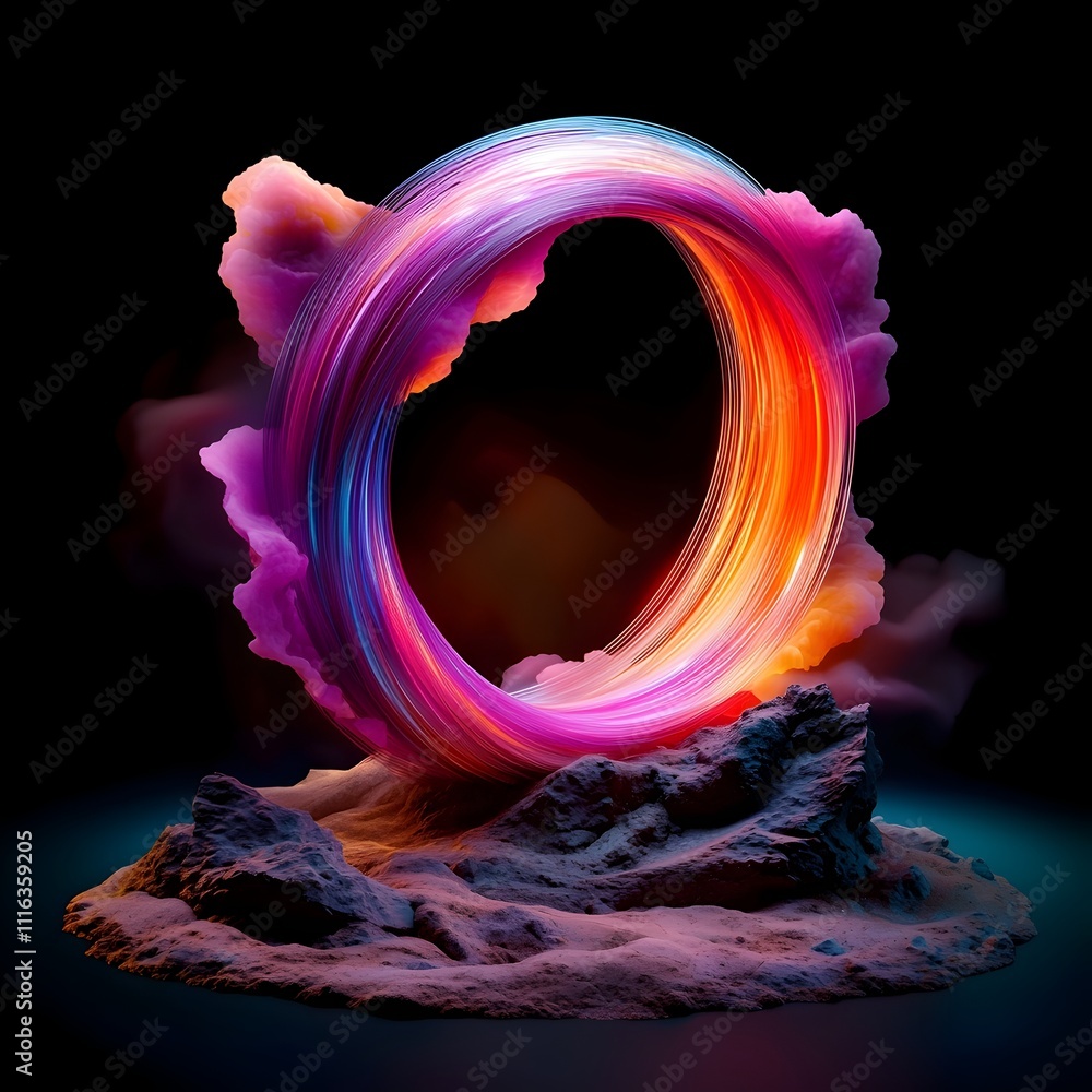 Poster mesmerizing swirling ribbons of luminescent kaleidoscopic fiber optic filaments shimmering and pulsa