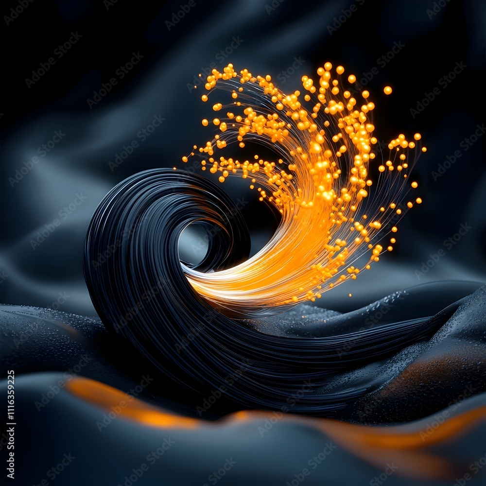 Poster mesmerizing swirling ribbons of luminescent kaleidoscopic fiber optic filaments shimmering and pulsa