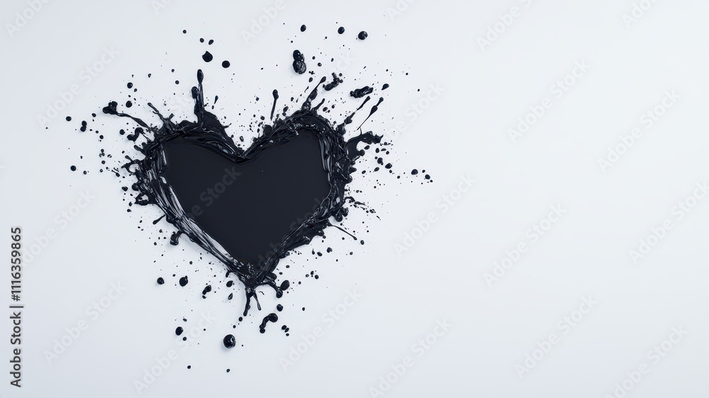 Poster dynamic black ink splashes forming heart shape on white background