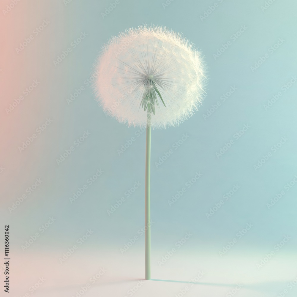 Poster 3d single dandelion flower icon, delicate and minimal, set on a soft gradient background with plenty