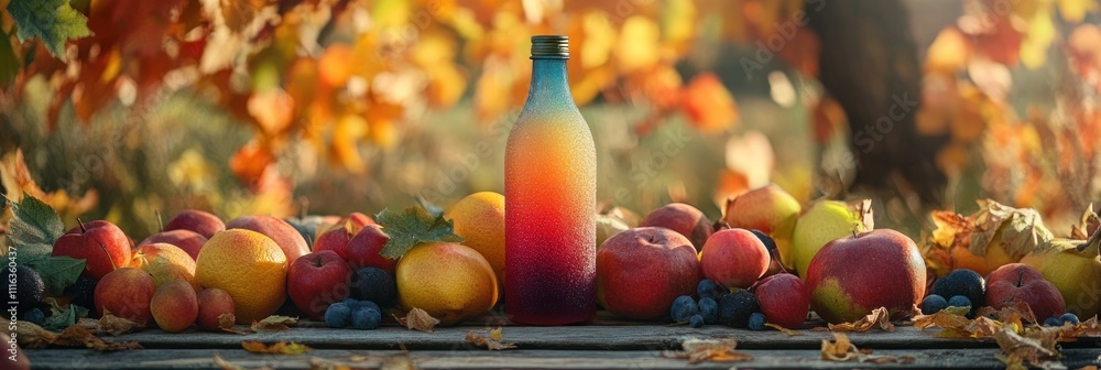 Poster a colorful bottle surrounded by various fruits on a rustic table in a natural setting.