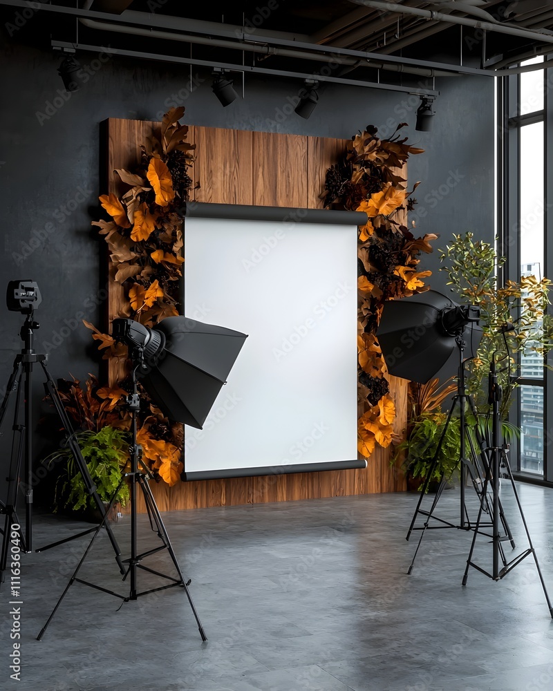 Poster minimalist photography set with blank roll up display and crisp directional lighting for modern 3d v