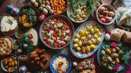 Fototapeta premium Cultural Easter traditions featuring decorated eggs, traditional foods, and vibrant springtime celebrations