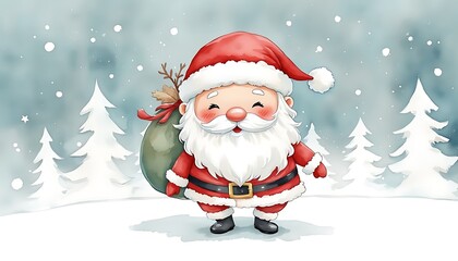Santa Claus carrying a sack of gifts in the snow