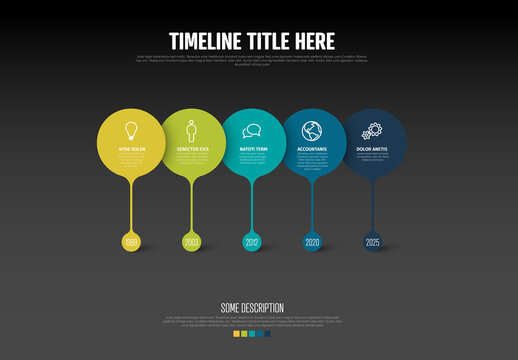 Creative dark timeline template with five blue green droplets pointers in one line