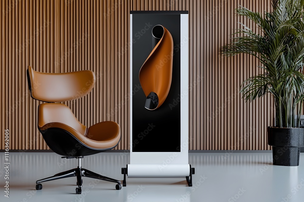 Poster sleek modern minimalist roll up banner template presented in a bright airy studio space with a seaml