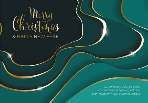 Abstract modern Merry Christmas and Happy New Year card with green deep background with golden accent border