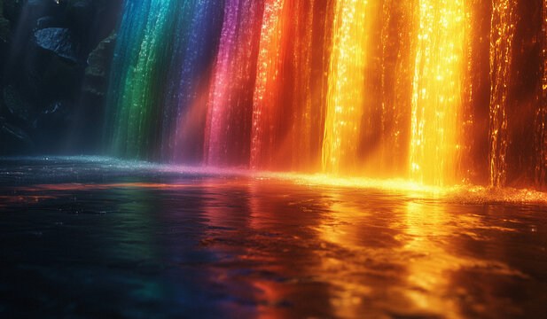 Wasserfall in leuchtenden Regenbogenfarben, der in einem sanften Fluss &uuml;ber die Felsen f&auml;llt, ideal f&uuml;r Webseiten, Flyer oder moderne Hintergr&uuml;nde mit einem dynamischen und lebendigen Farbspiel.