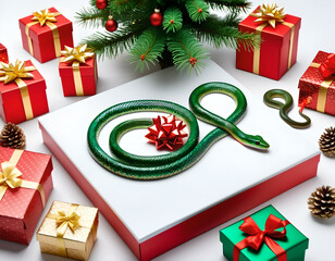 Green snake among Christmas decorations